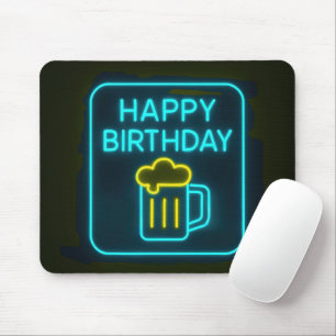 Neon Birthday Beer Mug On Black Mouse Pad