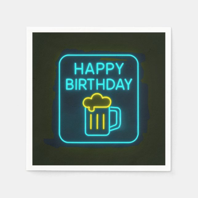 Neon Birthday Beer Mug On Black Napkins (Front)