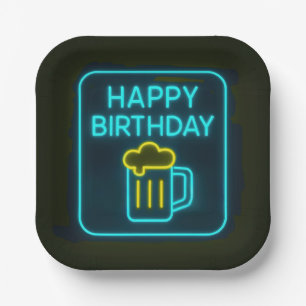 Neon Birthday Beer Mug On Black Paper Plates