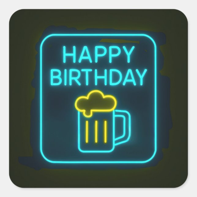 Neon Birthday Beer Mug On Black Square Sticker (Front)