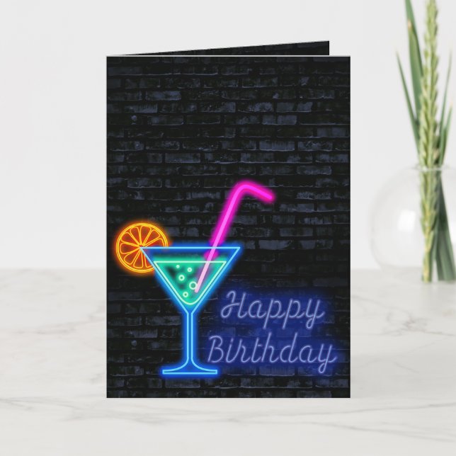 Neon Birthday Cocktail On Brick Card (Front)