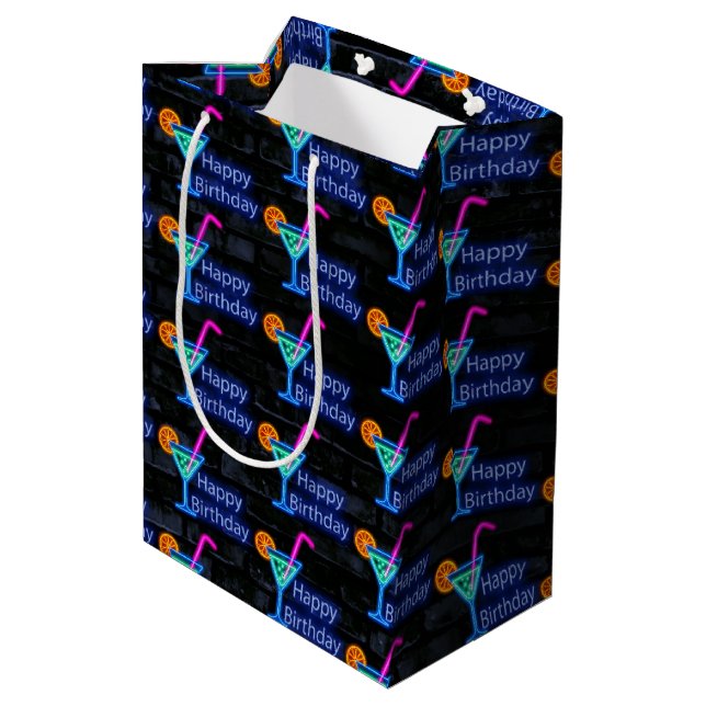 Neon Birthday Cocktail On Brick Medium Gift Bag (Back Angled)