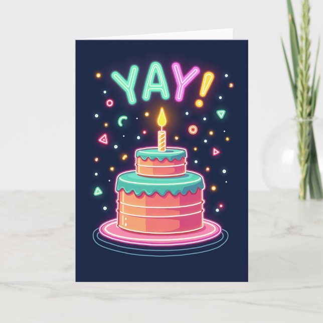 Neon Birthday Glowing Cake Card (Front)