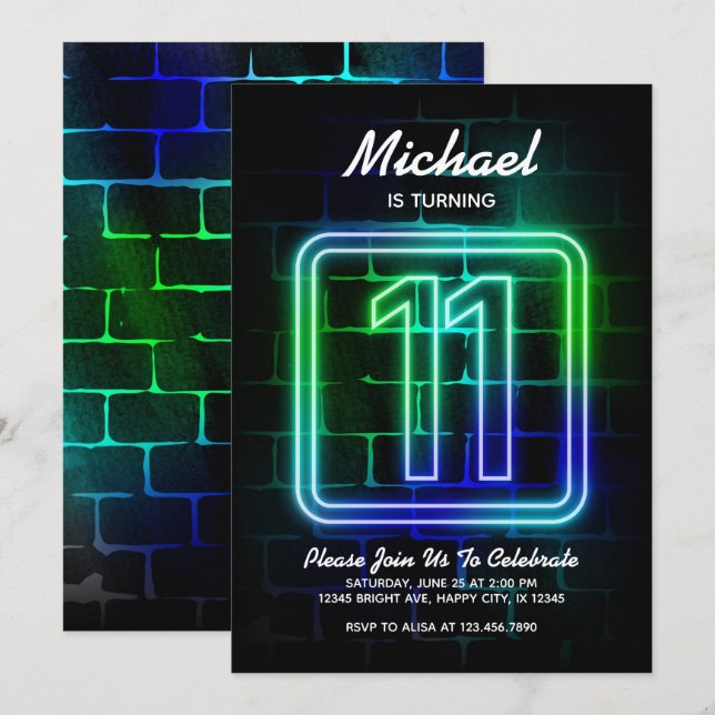 Neon Birthday invitation for Boy 11th Birthday (Front/Back)