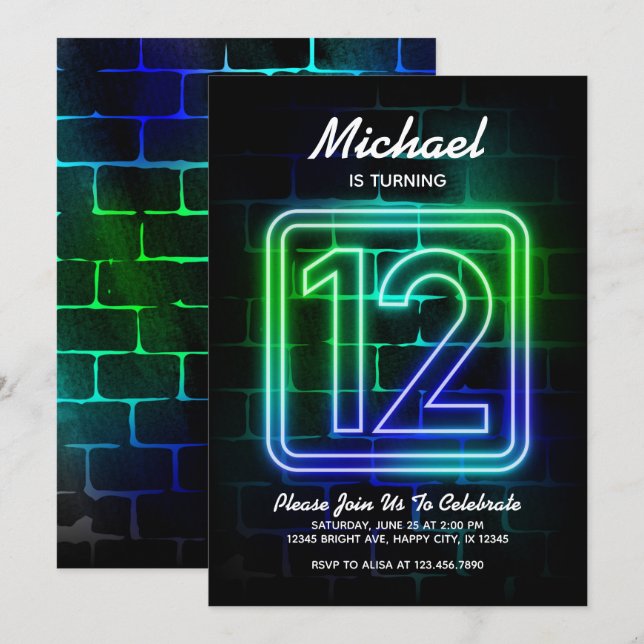 Neon Birthday invitation for Boy 12th Birthday (Front/Back)