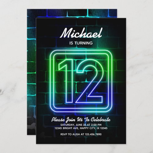 Neon Birthday invitation for Boy 12th Birthday