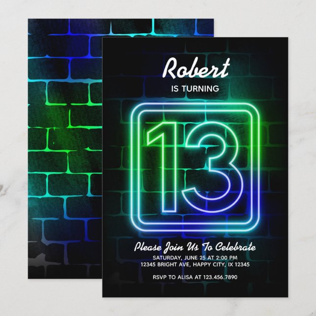 Neon Birthday invitation for Boy 13th Birthday (Front/Back)