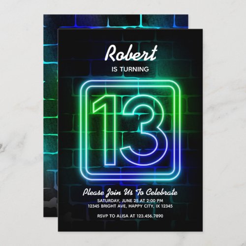 Neon Birthday invitation for Boy 13th Birthday