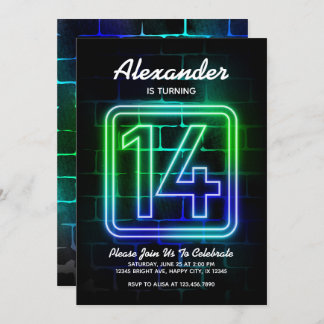 Neon Birthday invitation for Boy 14th Birthday