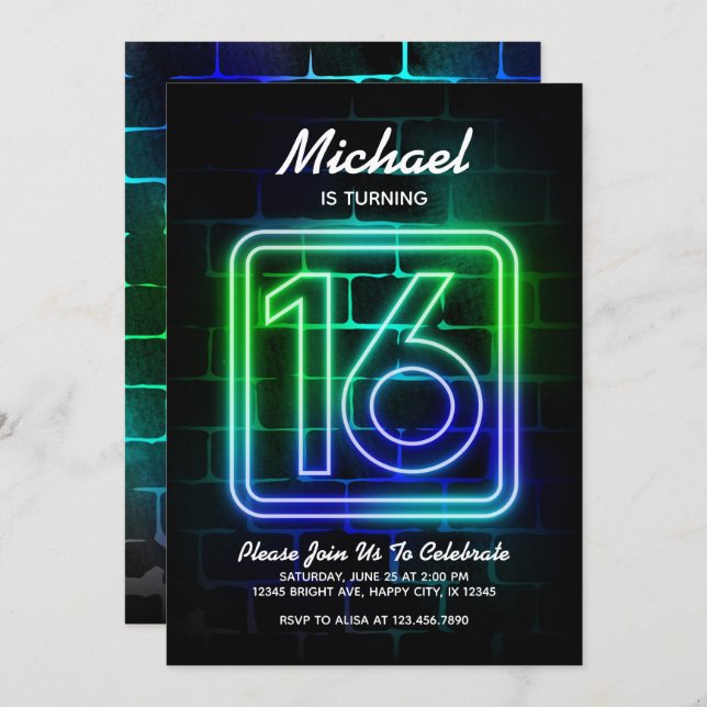 Neon Birthday invitation for Boy 16th Birthday (Front/Back)