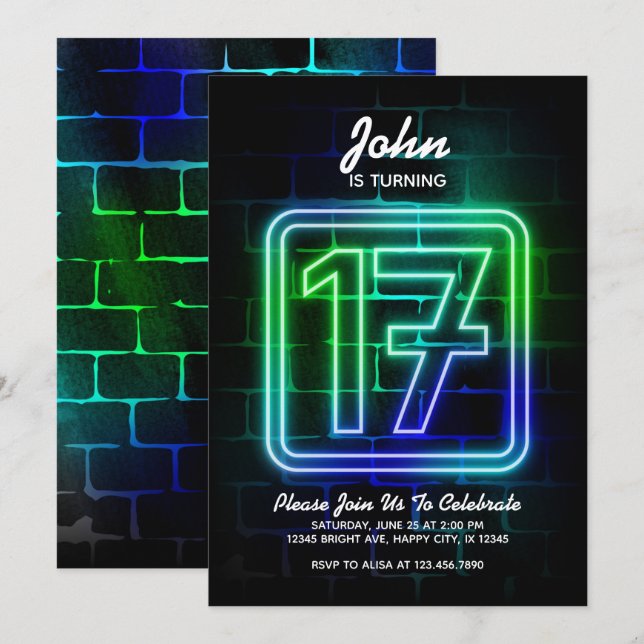 Neon Birthday invitation for Boy 17th Birthday (Front/Back)
