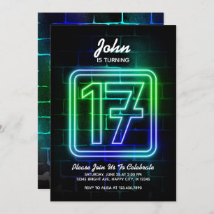 Neon Birthday invitation for Boy 17th Birthday