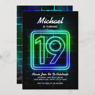 Neon Birthday invitation for Boy 19th Birthday