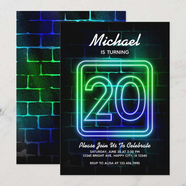 Neon Birthday invitation for Boy 20th Birthday (Front/Back)