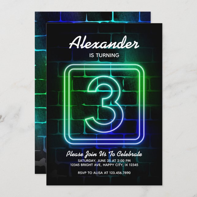 Neon Birthday invitation for Boy 3rd Birthday (Front/Back)