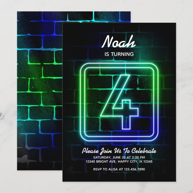 Neon Birthday invitation for Boy 4th Birthday (Front/Back)