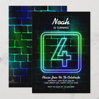 Neon Birthday invitation for Boy 4th Birthday