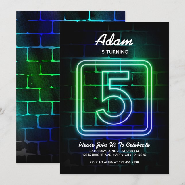 Neon Birthday invitation for Boy 5th Birthday (Front/Back)