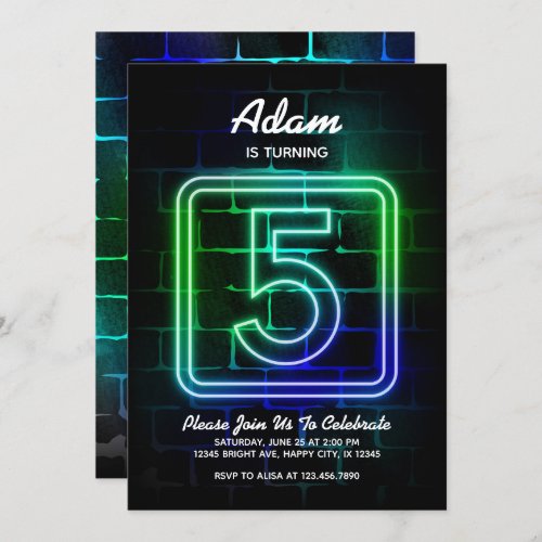 Neon Birthday invitation for Boy 5th Birthday