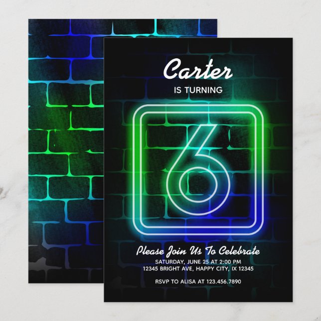 Neon Birthday invitation for Boy 6th Birthday (Front/Back)