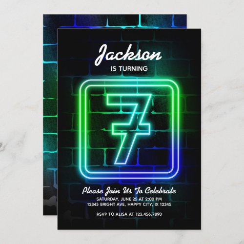 Neon Birthday invitation for Boy 7th Birthday