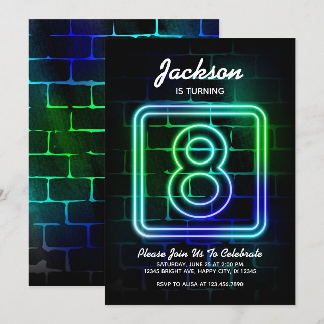Neon Birthday invitation for Boy 8th Birthday (Front/Back)
