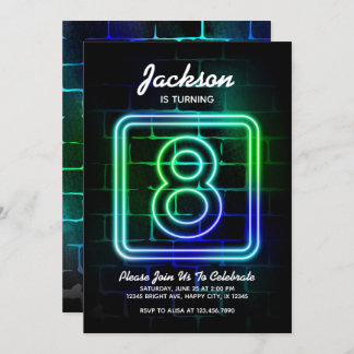 Neon Birthday invitation for Boy 8th Birthday