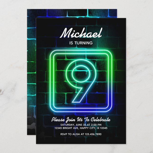 Neon Birthday invitation for Boy 9th Birthday (Front/Back)