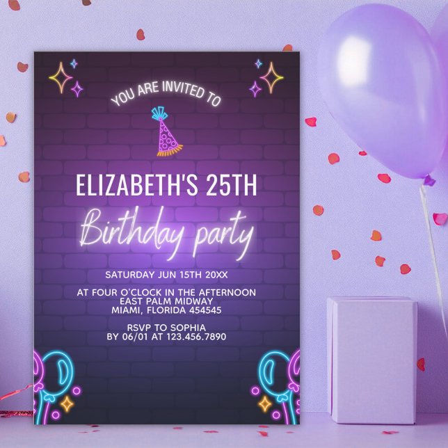 Neon Birthday Party Invitation Brick Wall Style (Creator Uploaded)