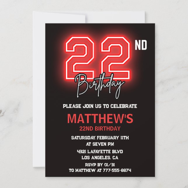 Neon Black 22nd birthday invitation Men birthday (Front)