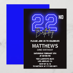  Neon Black 22nd birthday invitations Men Sport