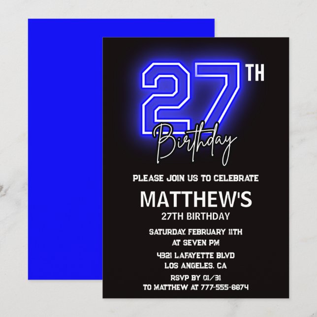 Neon Black 27th birthday invitations Men Sport (Front/Back)