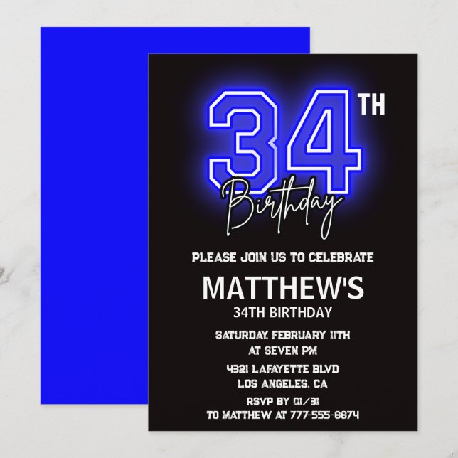 Neon Black 34th birthday invitations Men Sport (Front/Back)