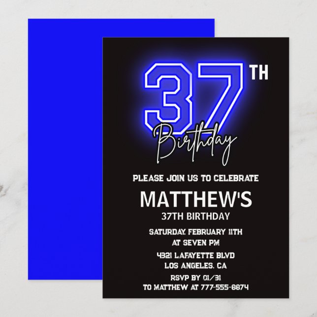 Neon Black 37th birthday invitations Men Sport (Front/Back)