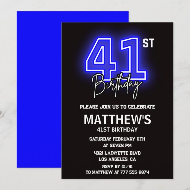 Neon Black 41st birthday invitations Men Sport (Front/Back)