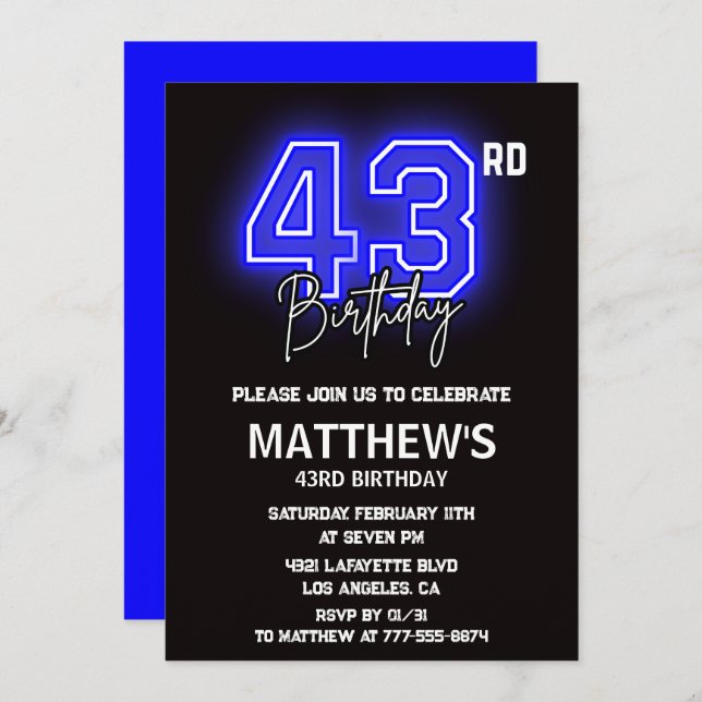 Neon Black 43rd birthday invitations Men Sport (Front/Back)