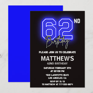 Neon Black 62nd birthday invitations Men Sport