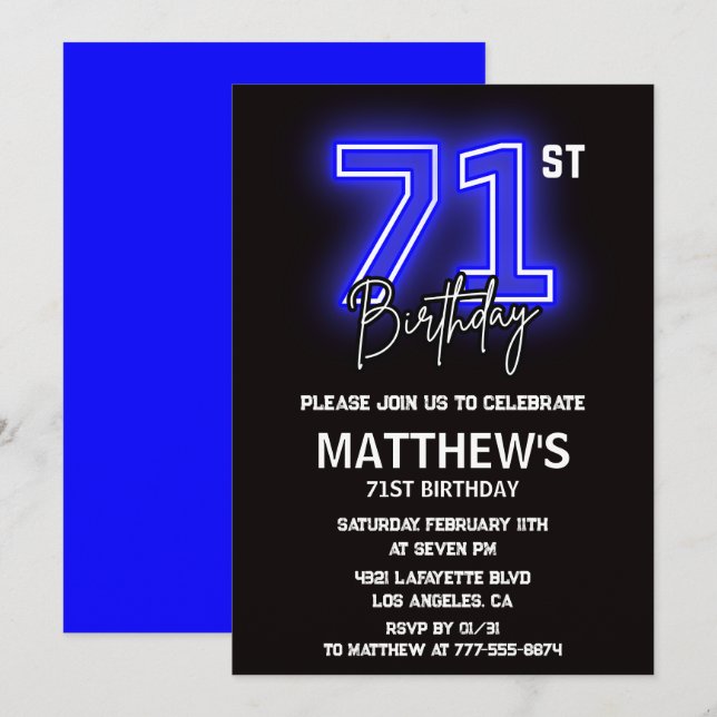 Neon Black 71st birthday invitations Men Sport (Front/Back)