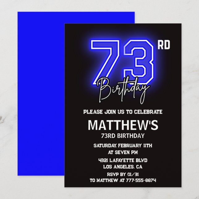 Neon Black 73rd birthday invitations Men Sport (Front/Back)