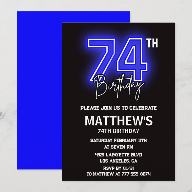 Neon Black 74th birthday invitations Men Sport (Front/Back)