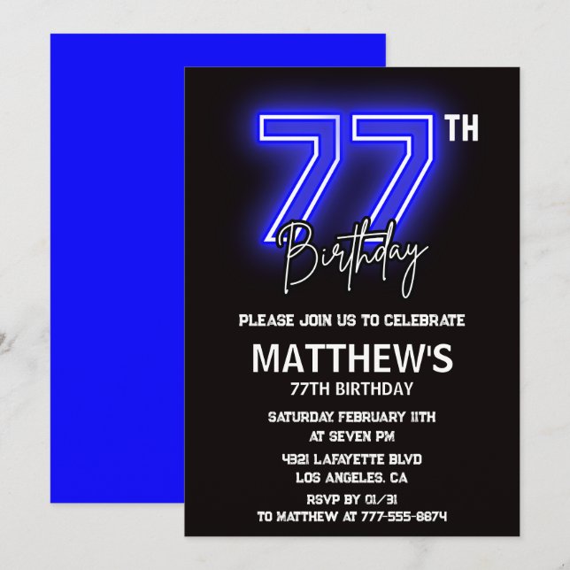 Neon Black 77th birthday invitations Men Sport (Front/Back)
