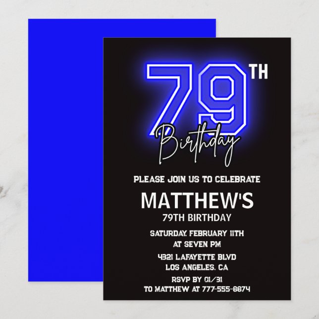 Neon Black 79th birthday invitations Men Sport (Front/Back)