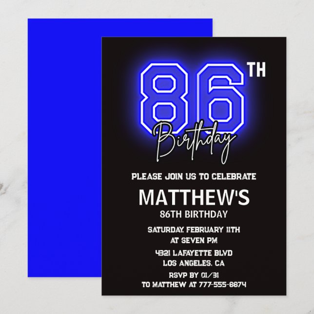 Neon Black 86th birthday invitations Men Sport (Front/Back)