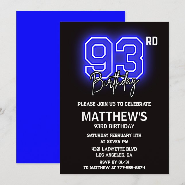 Neon Black 93rd birthday invitations Men Sport (Front/Back)