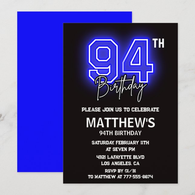 Neon Black 94th birthday invitations Men Sport (Front/Back)