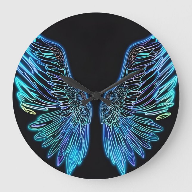 Neon Black and Blue Angel Wing Wall Clock (Front)