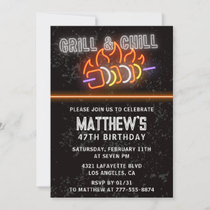 Neon Black Bbq Grill and Chill 47th birthday Invitation
