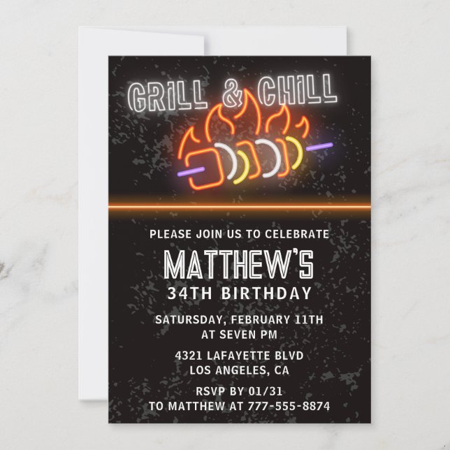 Neon Black Bbq Grill Chill 34th birthday Invitation (Front)