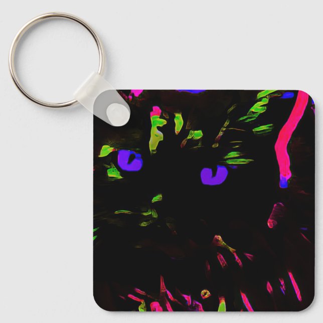 Neon Black Cat with Glowing Eyes Keychain (Front)
