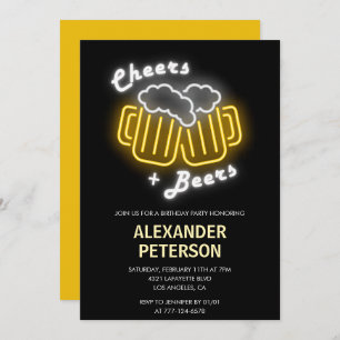 Neon Black Cheers and Beers Men 56th birthday Invitation